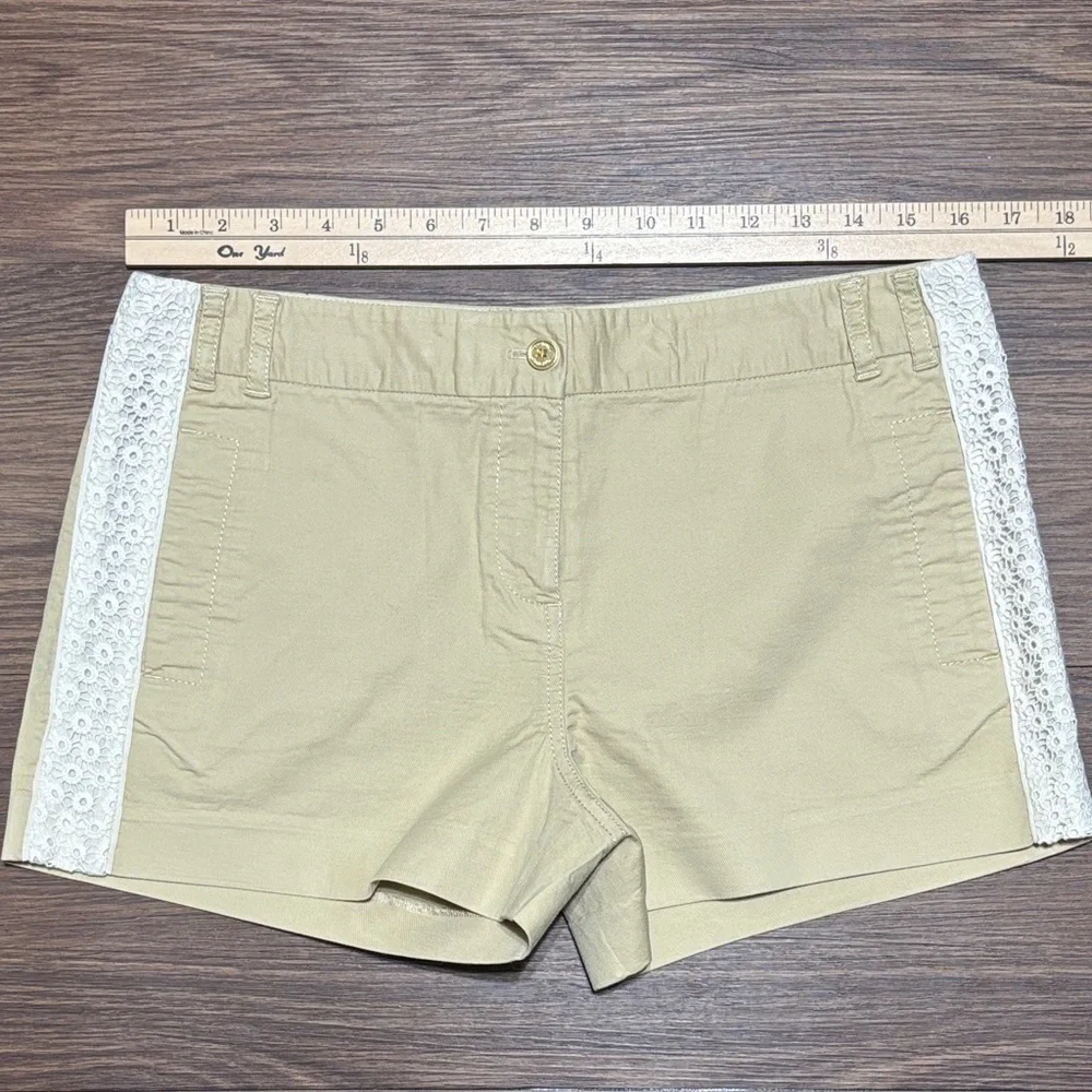 Tory Burch Tan Shorts White Lace Side Panels High Waist Size 8 Summer Chic